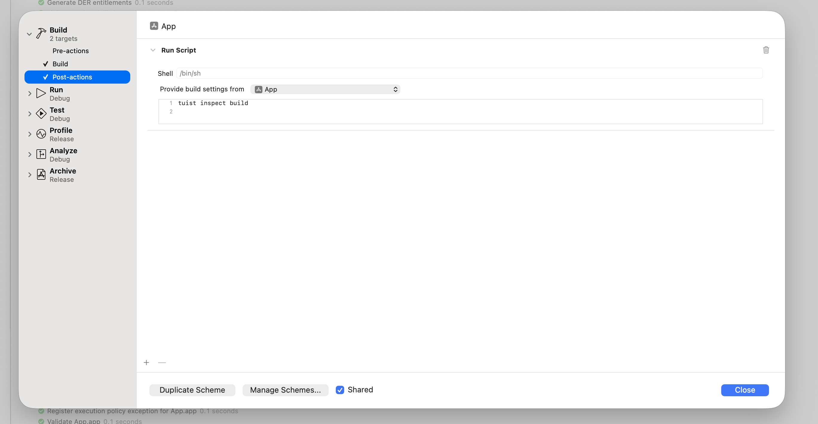 Post-action for inspecting builds
