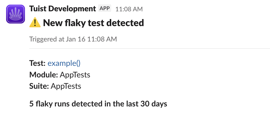 An image that shows a Slack flaky test alert message