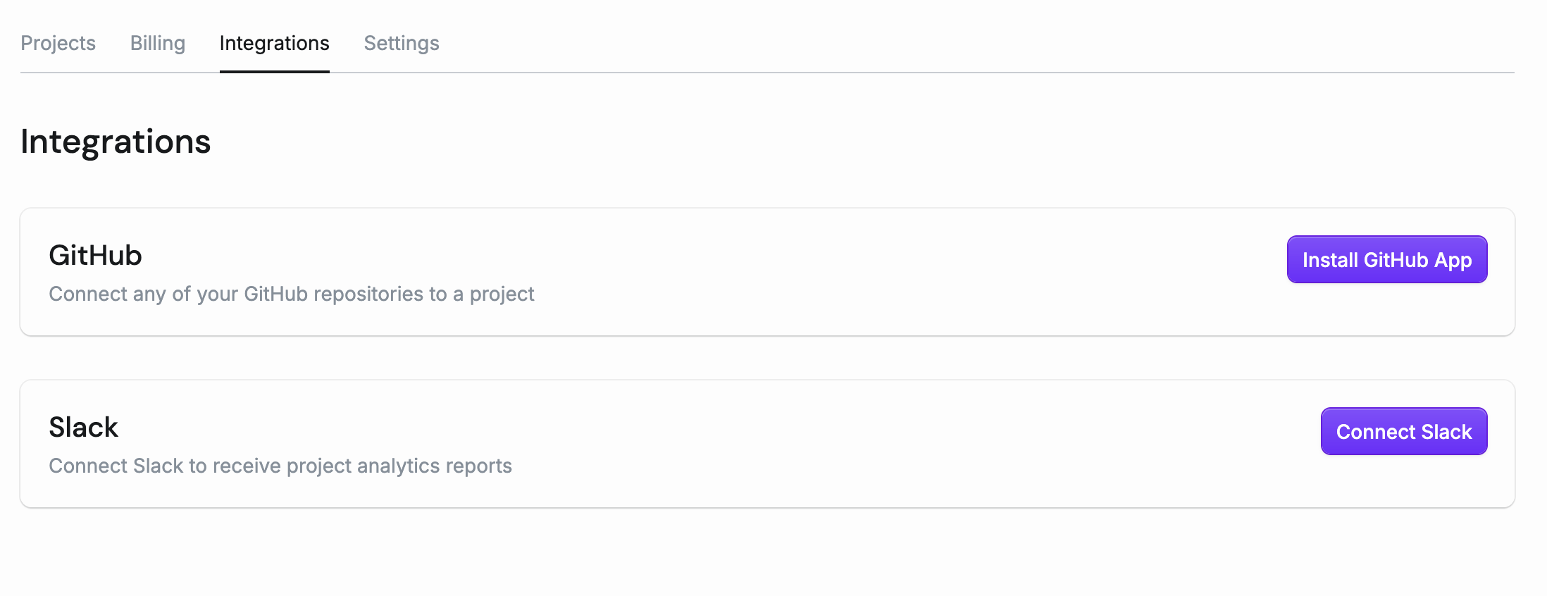 An image that shows the integrations tab with Slack connection